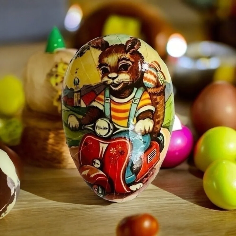Vintage West Germany Paper Mache Easter Egg Candy Container Rabbit Bike 4